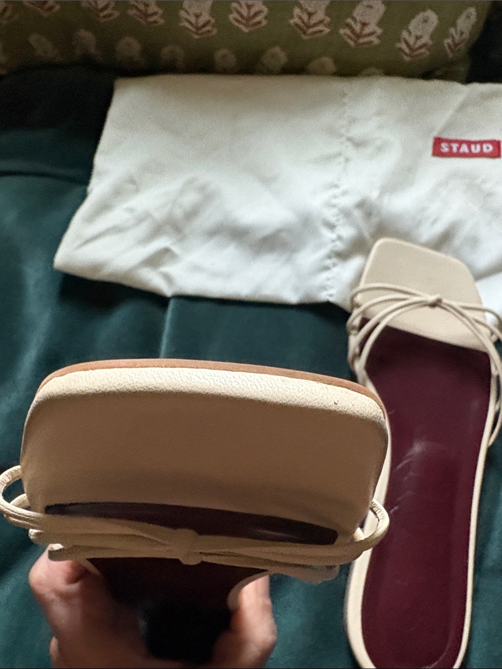 STAUD cream Strappy Slide Sandals with Burgundy Footbed - Picture 6 of 8